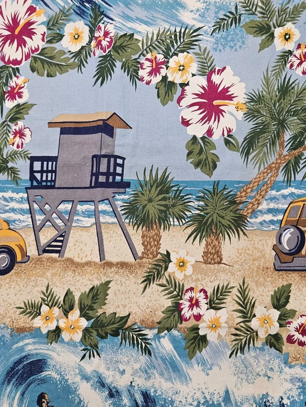 VTG Vohann Surfboard Hawaiian Floral Beach Sand Cars Cotton Shower Curtain 65X72